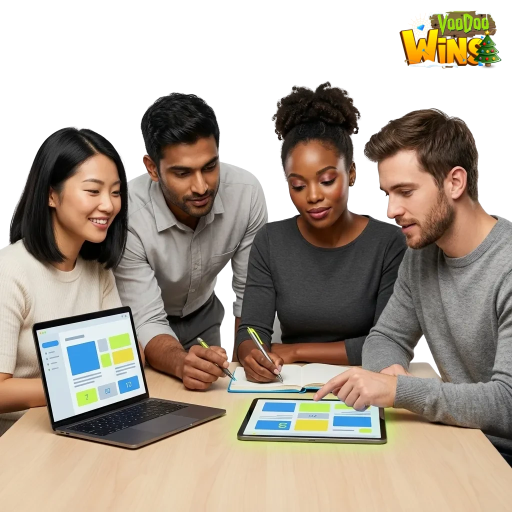 Voodoo Wins logo with UK-licensed sports betting & casino icons; phones showing app; live bets, slots, roulette, blackjack.