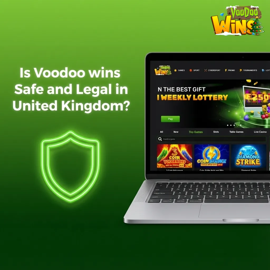Graphic summarizing Voodoo Wins security and UK legality: encrypted, KYC, licensed; GB access pending UKGC approval.