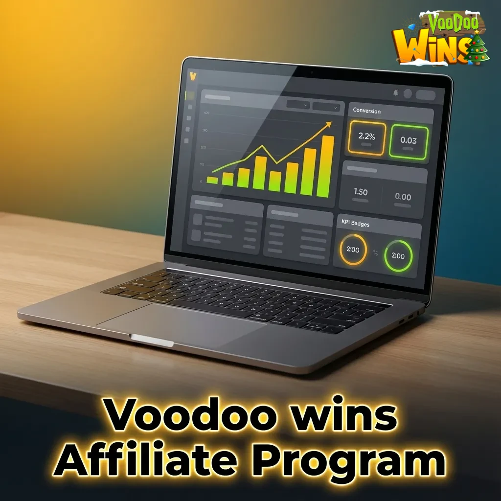 Graphic promoting VoodooWins Affiliate Program: revenue share, real-time tracking, marketing assets, partner support.