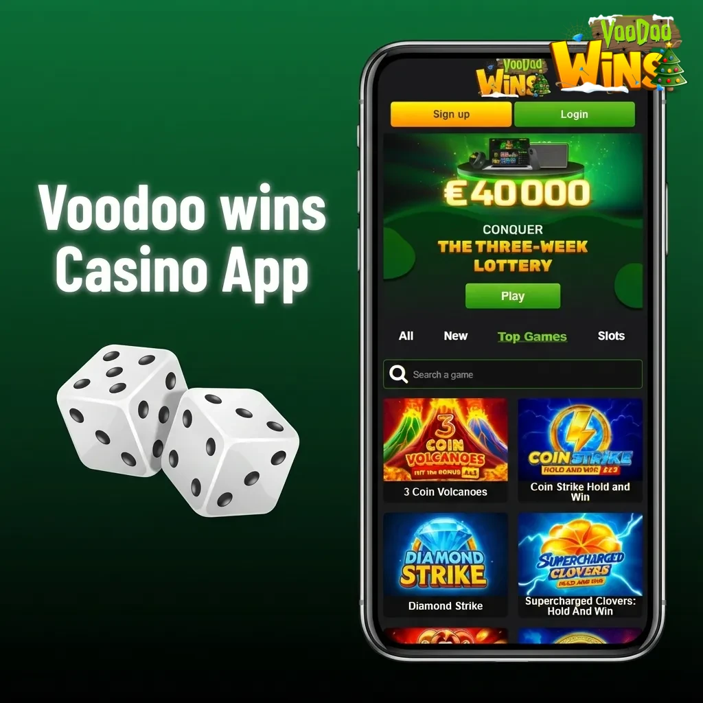 Voodoo wins casino app showing slots, Megaways, and live dealer tables with promos and tournaments highlighted in the lobby.