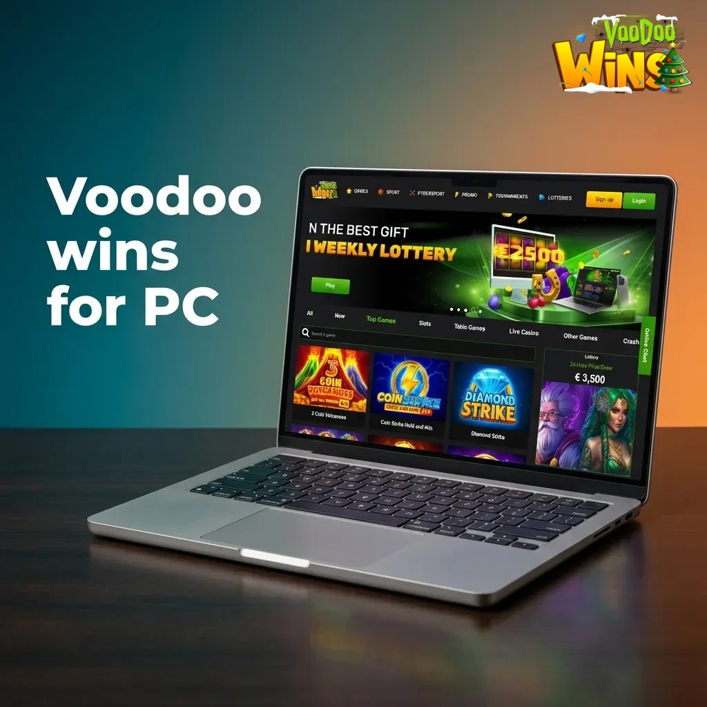 Desktop browser showing Voodoo Wins site with login, cashier deposit, Casino/Sports tabs, and bookmark prompt.
