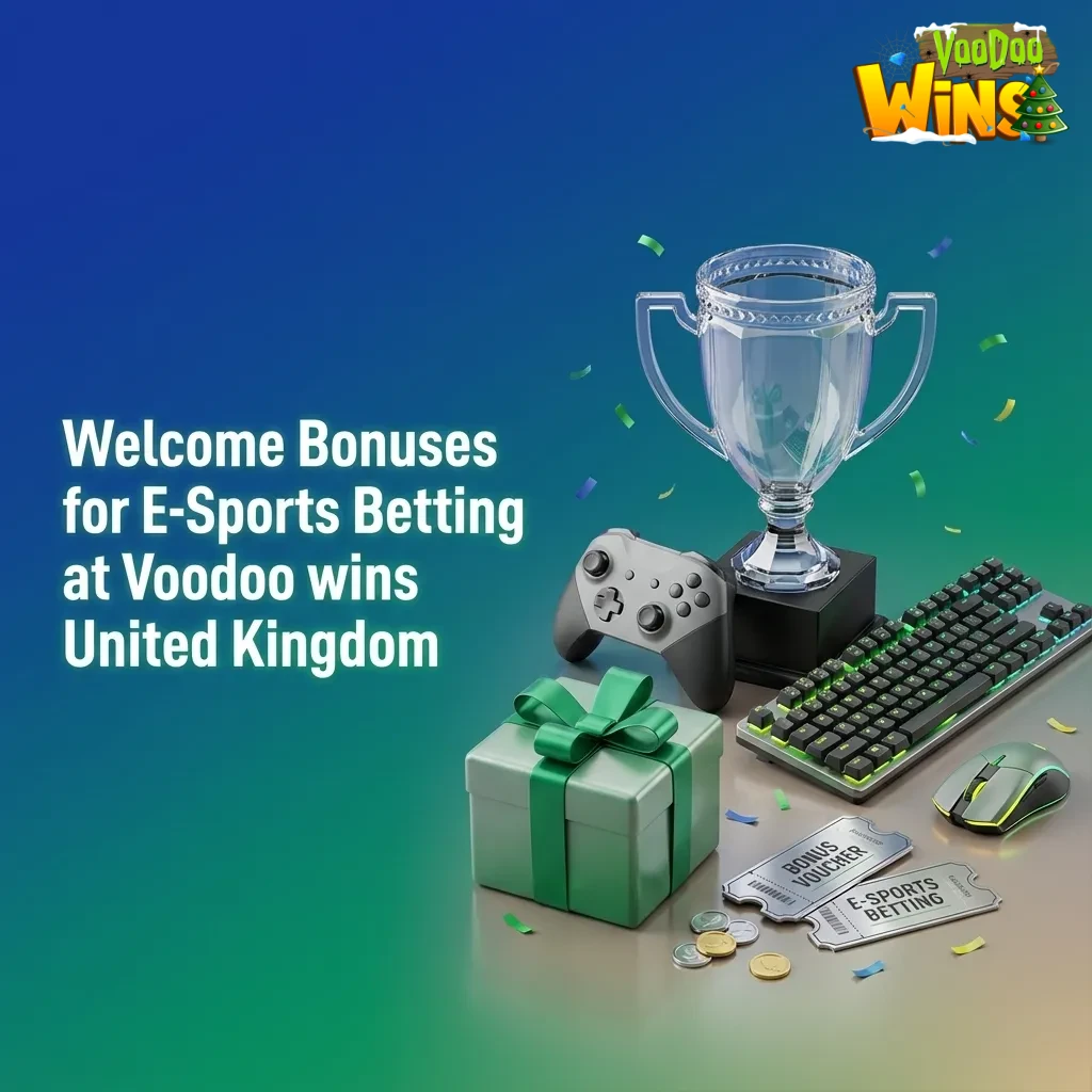 Voodoo Wins UK esports welcome bonuses: 100% €30, 125% €50, 150% €100 (x40). Steps to claim shown.