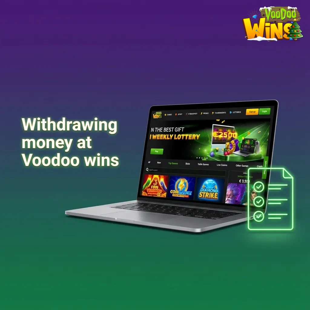 Screen showing Cashier Withdraw process at Voodoo Wins with steps for UK payout and tracking status.